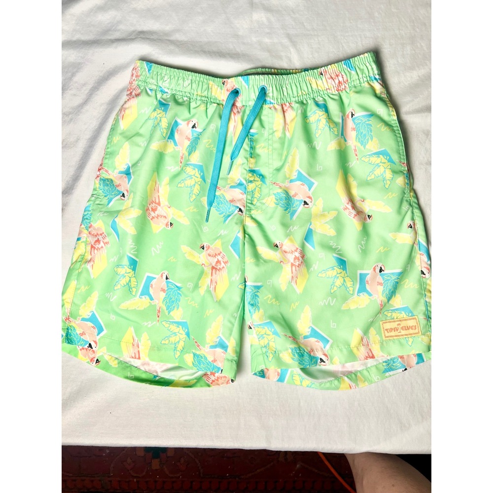 Tipsy Elves Mens Parrot Tropical Swim Trunks Green Retro Board Shorts Size S